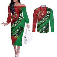 Personalised Cook Islands ANZAC 1915-2026 Filmstrip Couples Matching Off The Shoulder Long Sleeve Dress and Long Sleeve Button Shirt Lest We Forget 25 April LT9 Green - Polynesian Pride