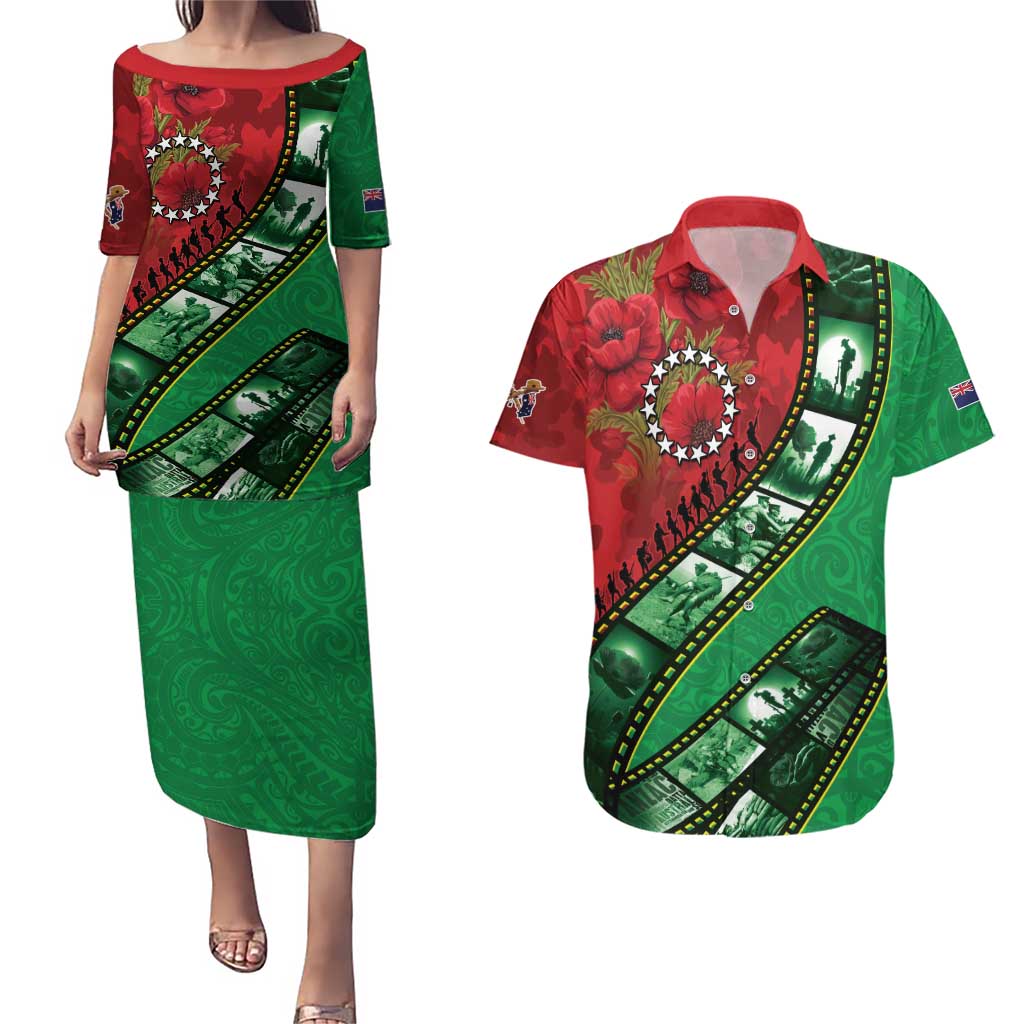 Personalised Cook Islands ANZAC 1915-2026 Filmstrip Couples Matching Puletasi and Hawaiian Shirt Lest We Forget 25 April LT9 Green - Polynesian Pride