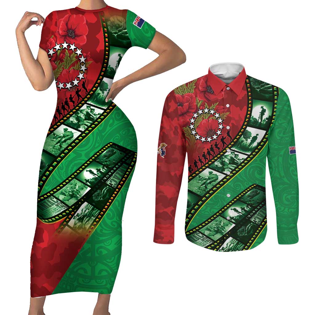 Personalised Cook Islands ANZAC 1915-2026 Filmstrip Couples Matching Short Sleeve Bodycon Dress and Long Sleeve Button Shirt Lest We Forget 25 April LT9 Green - Polynesian Pride
