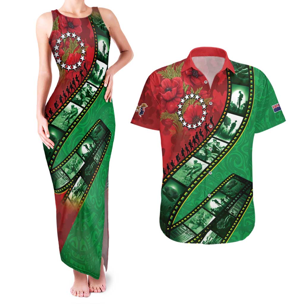 Personalised Cook Islands ANZAC 1915-2026 Filmstrip Couples Matching Tank Maxi Dress and Hawaiian Shirt Lest We Forget 25 April LT9 Green - Polynesian Pride