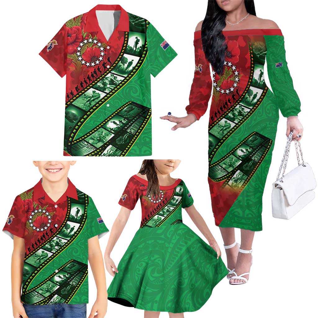 Personalised Cook Islands ANZAC 1915-2026 Filmstrip Family Matching Off The Shoulder Long Sleeve Dress and Hawaiian Shirt Lest We Forget 25 April LT9 - Polynesian Pride