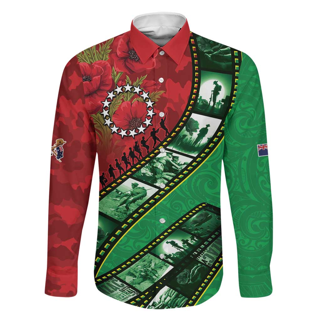 Personalised Cook Islands ANZAC 1915-2026 Filmstrip Family Matching Puletasi and Hawaiian Shirt Lest We Forget 25 April LT9 Dad's Shirt - Long Sleeve Green - Polynesian Pride