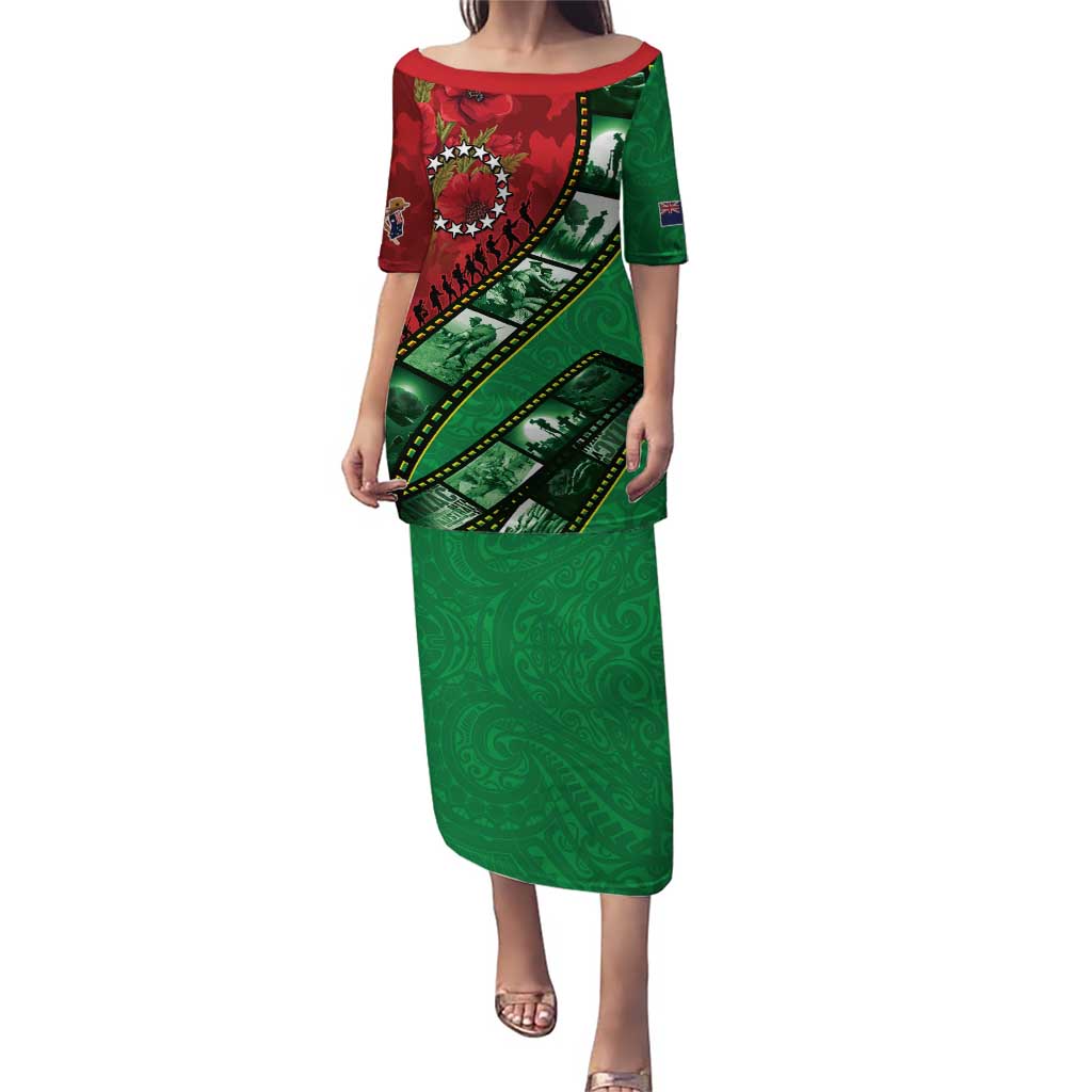 Personalised Cook Islands ANZAC 1915-2026 Filmstrip Family Matching Puletasi and Hawaiian Shirt Lest We Forget 25 April LT9 Mom's Dress Green - Polynesian Pride