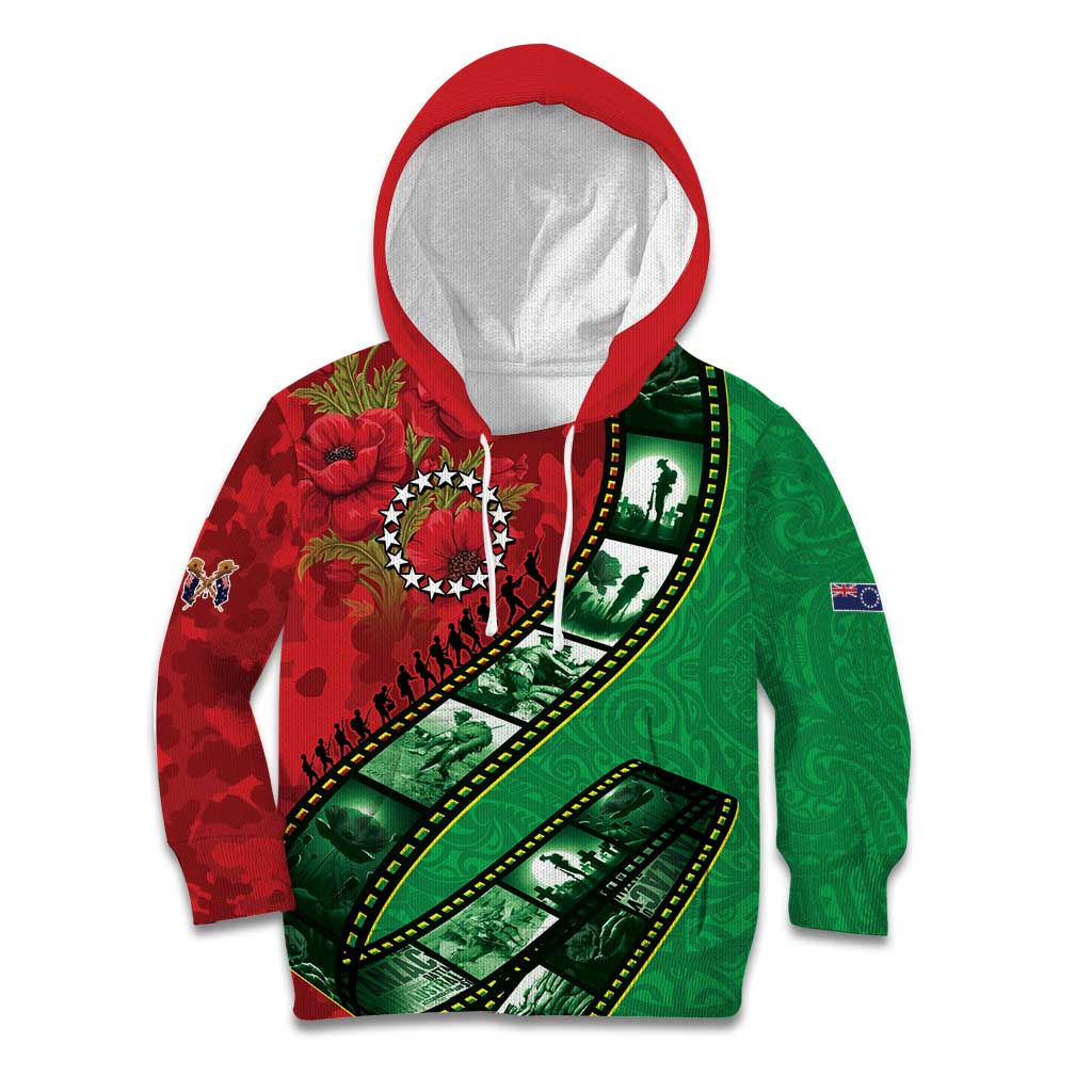Personalised Cook Islands ANZAC 1915-2026 Filmstrip Kid Hoodie Lest We Forget 25 April LT9 Hoodie Green - Polynesian Pride