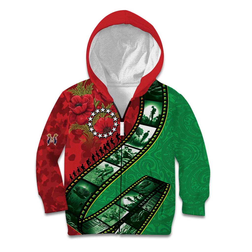 Personalised Cook Islands ANZAC 1915-2026 Filmstrip Kid Hoodie Lest We Forget 25 April LT9 Zip Hoodie Green - Polynesian Pride