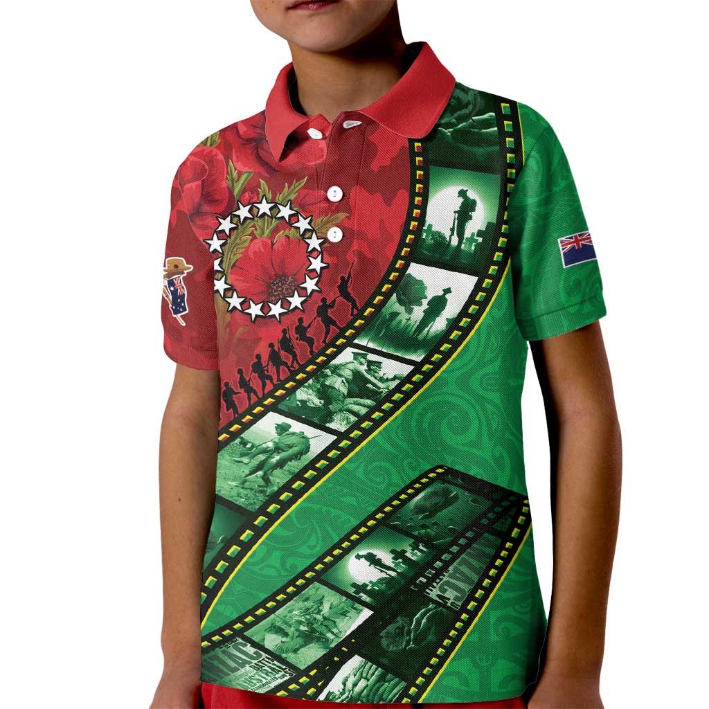 Personalised Cook Islands ANZAC 1915-2026 Filmstrip Kid Polo Shirt Lest We Forget 25 April LT9 Kid Green - Polynesian Pride