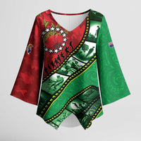 Personalised Cook Islands ANZAC 1915-2026 Filmstrip Kimono Sleeve Blouse Lest We Forget 25 April LT9 Female Green - Polynesian Pride