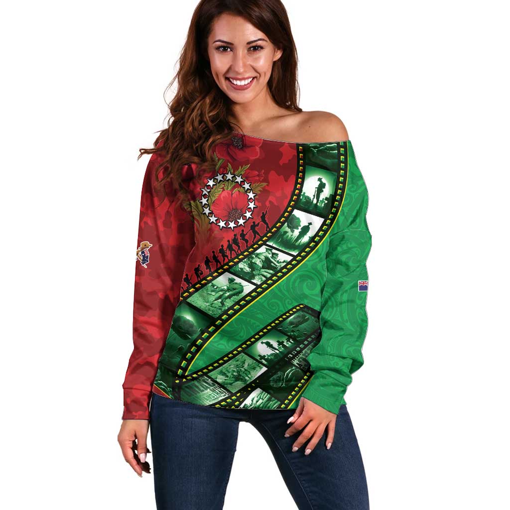 Personalised Cook Islands ANZAC 1915-2026 Filmstrip Off Shoulder Sweater Lest We Forget 25 April