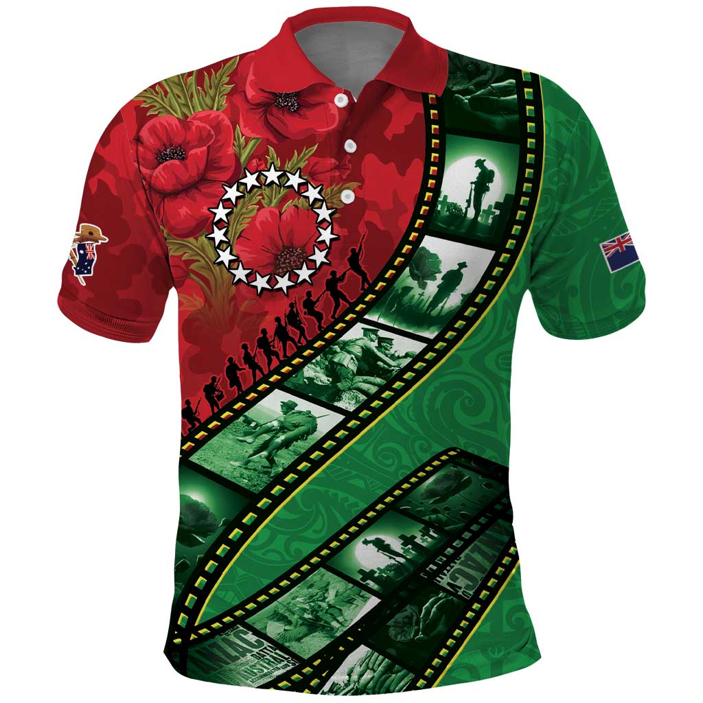 Personalised Cook Islands ANZAC 1915-2026 Filmstrip Polo Shirt Lest We Forget 25 April LT9 Green - Polynesian Pride