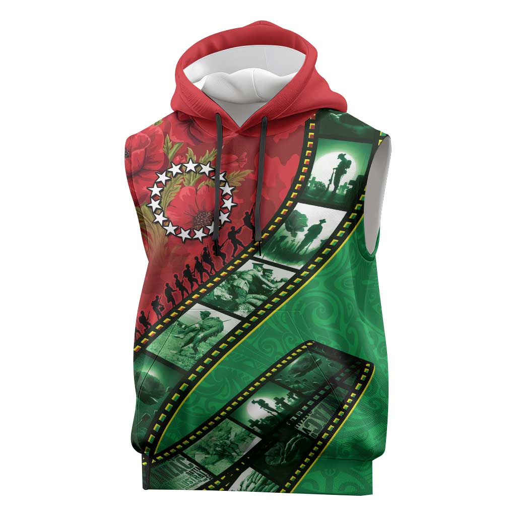 Personalised Cook Islands ANZAC 1915-2026 Filmstrip Sleeveless Hoodie Lest We Forget 25 April LT9 Green - Polynesian Pride