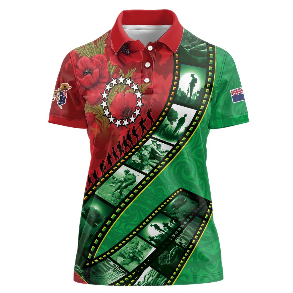 Personalised Cook Islands ANZAC 1915-2026 Filmstrip Women Polo Shirt Lest We Forget 25 April LT9 Female Green - Polynesian Pride