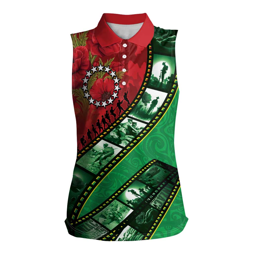 Personalised Cook Islands ANZAC 1915-2026 Filmstrip Women Sleeveless Polo Shirt Lest We Forget 25 April LT9 Female Green - Polynesian Pride