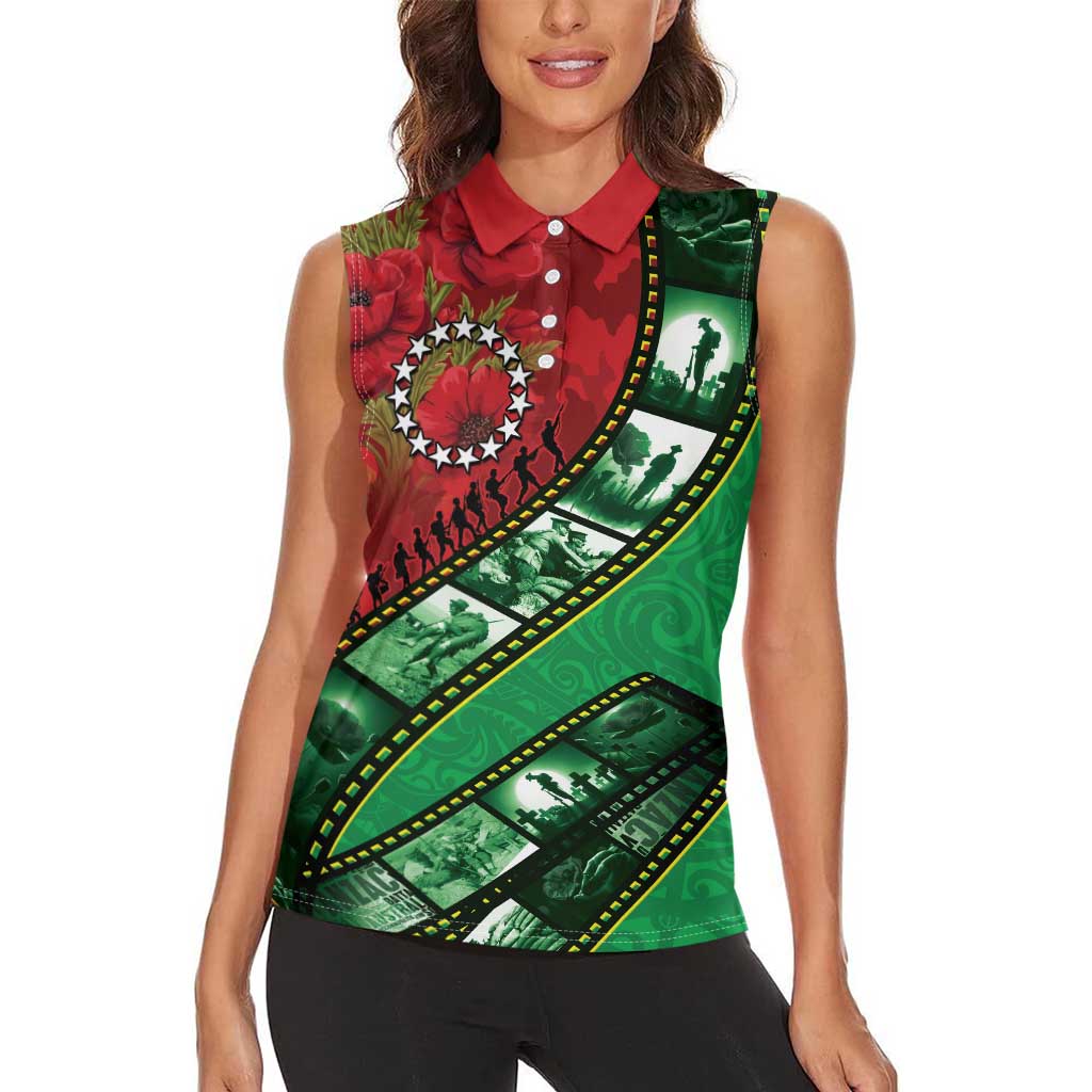Personalised Cook Islands ANZAC 1915-2026 Filmstrip Women Sleeveless Polo Shirt Lest We Forget 25 April LT9 - Polynesian Pride