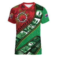 Personalised Cook Islands ANZAC 1915-2026 Filmstrip Women V-Neck T-Shirt Lest We Forget 25 April LT9 Female Green - Polynesian Pride