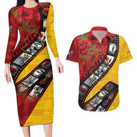Personalised Niue ANZAC 1915-2026 Filmstrip Couples Matching Long Sleeve Bodycon Dress and Hawaiian Shirt Lest We Forget 25 April LT9 Gold - Polynesian Pride