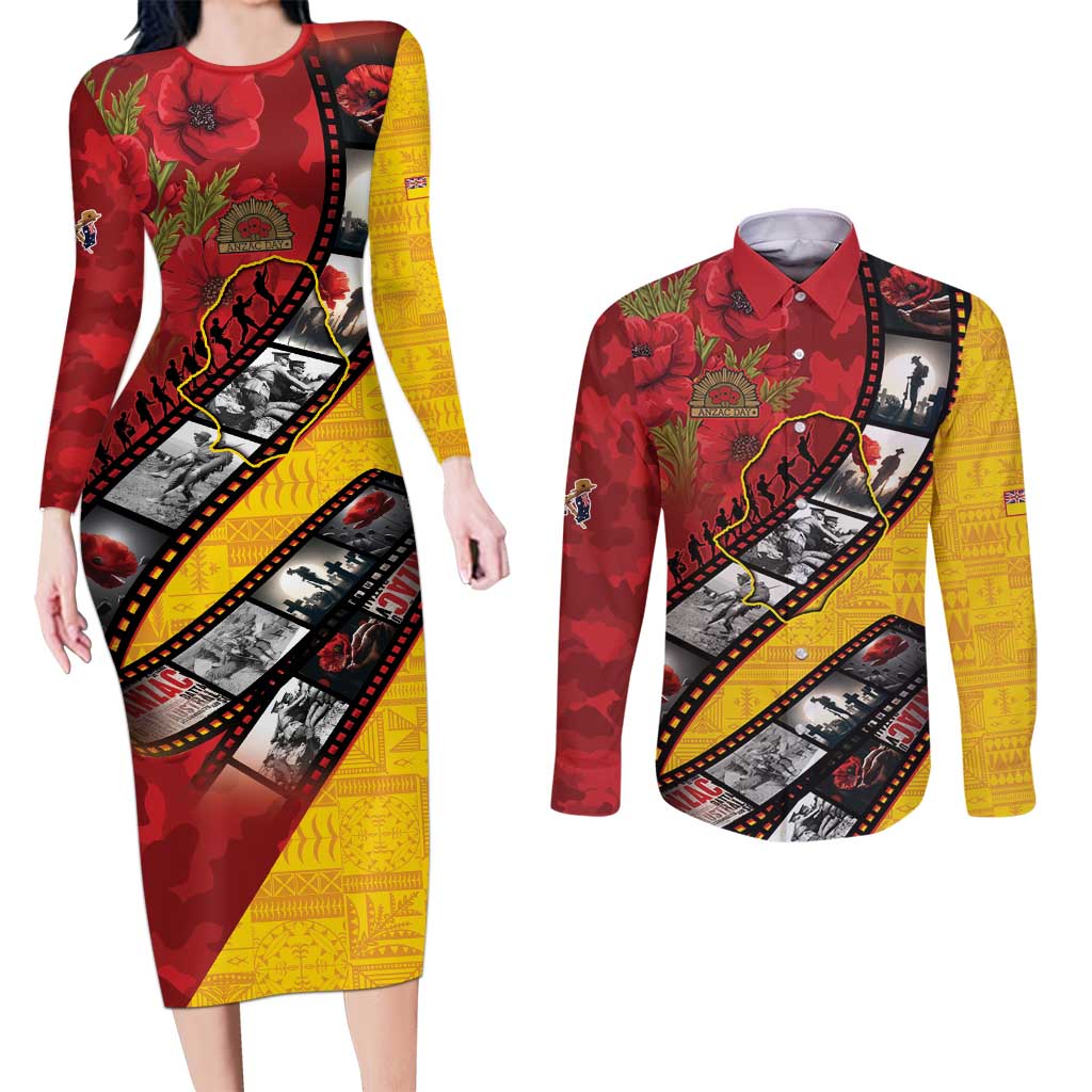 Personalised Niue ANZAC 1915-2026 Filmstrip Couples Matching Long Sleeve Bodycon Dress and Long Sleeve Button Shirt Lest We Forget 25 April LT9 Gold - Polynesian Pride