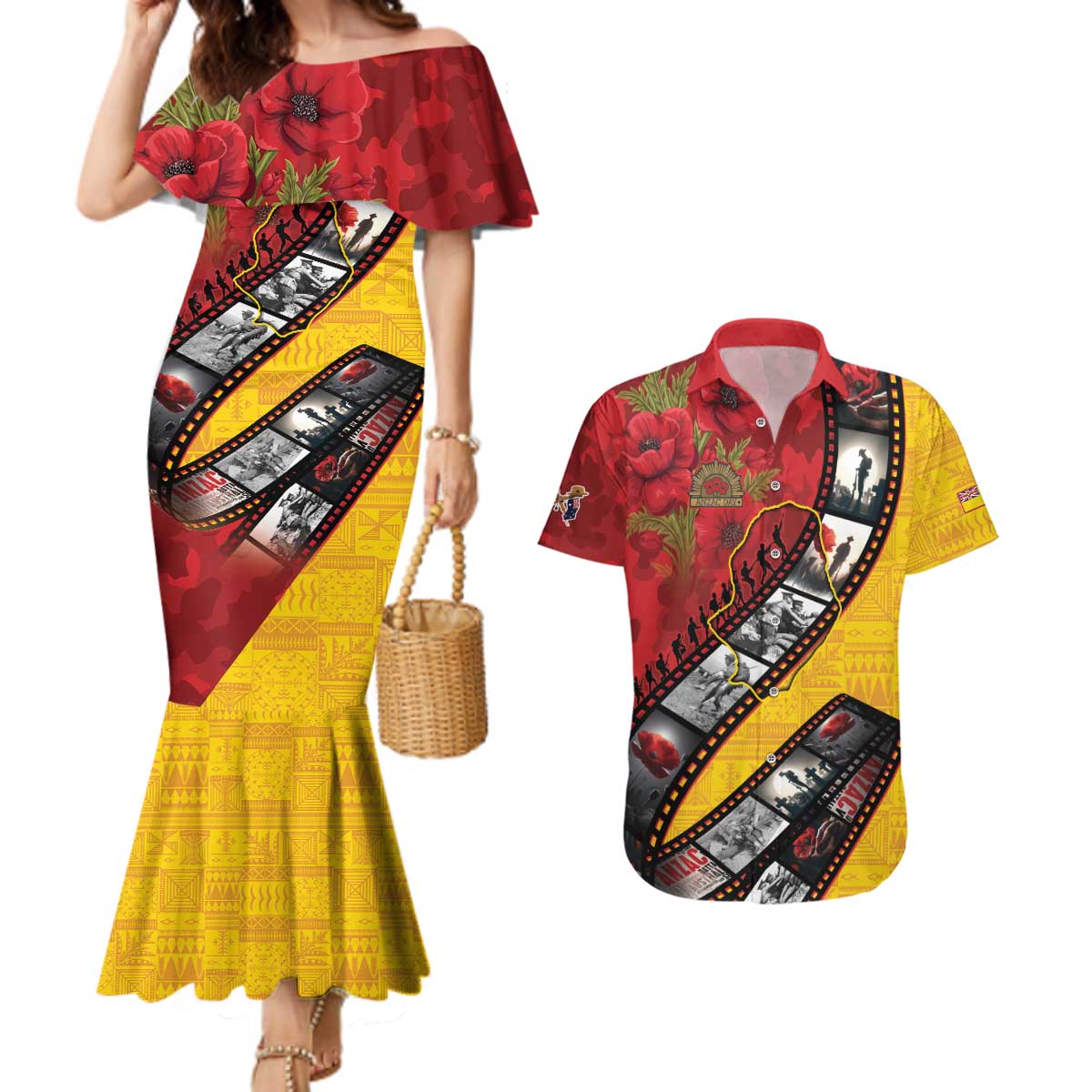 Personalised Niue ANZAC 1915-2026 Filmstrip Couples Matching Mermaid Dress and Hawaiian Shirt Lest We Forget 25 April LT9 Gold - Polynesian Pride