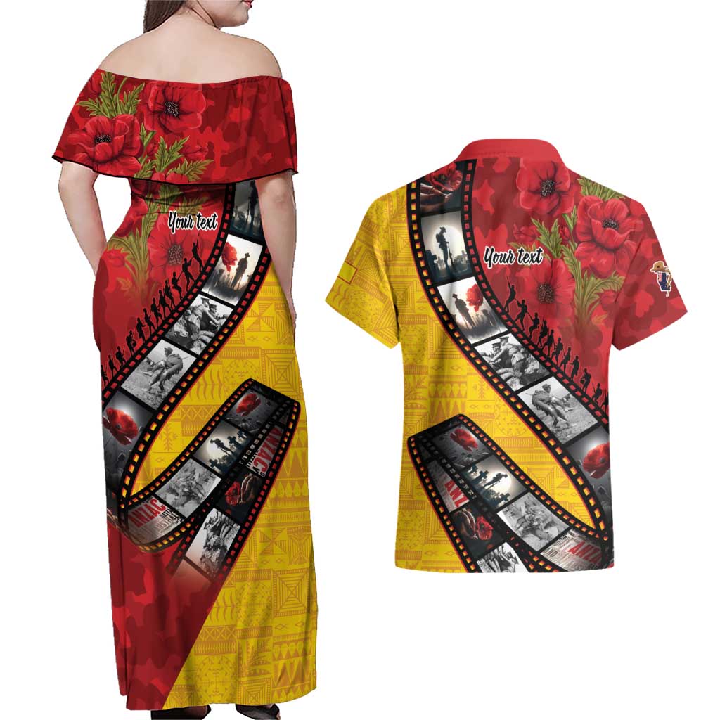 Personalised Niue ANZAC 1915-2026 Filmstrip Couples Matching Off Shoulder Maxi Dress and Hawaiian Shirt Lest We Forget 25 April LT9 - Polynesian Pride