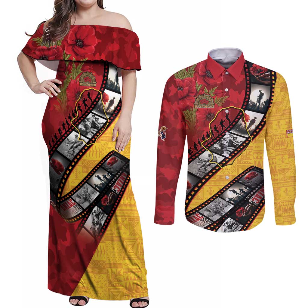 Personalised Niue ANZAC 1915-2026 Filmstrip Couples Matching Off Shoulder Maxi Dress and Long Sleeve Button Shirt Lest We Forget 25 April LT9 Gold - Polynesian Pride