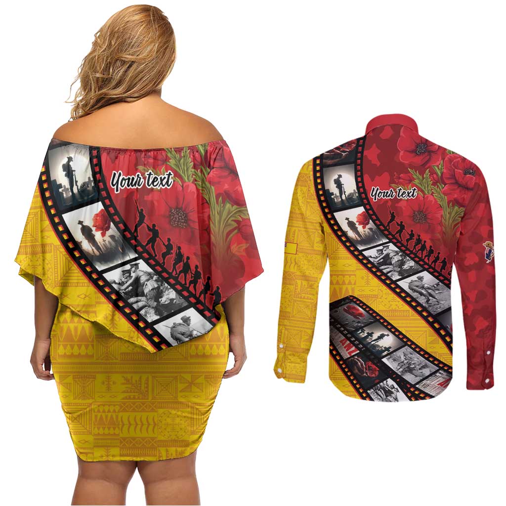 Personalised Niue ANZAC 1915-2026 Filmstrip Couples Matching Off Shoulder Short Dress and Long Sleeve Button Shirt Lest We Forget 25 April LT9 - Polynesian Pride