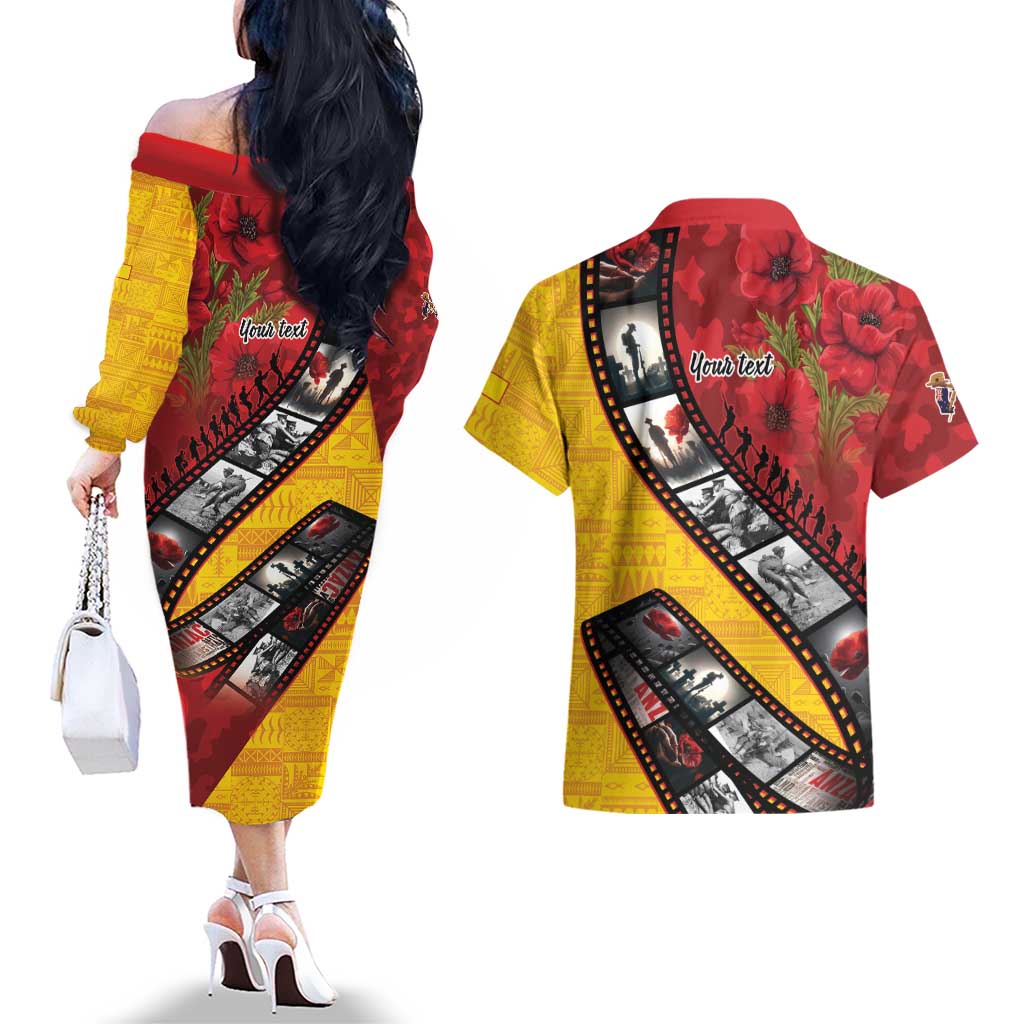 Personalised Niue ANZAC 1915-2026 Filmstrip Couples Matching Off The Shoulder Long Sleeve Dress and Hawaiian Shirt Lest We Forget 25 April LT9 - Polynesian Pride