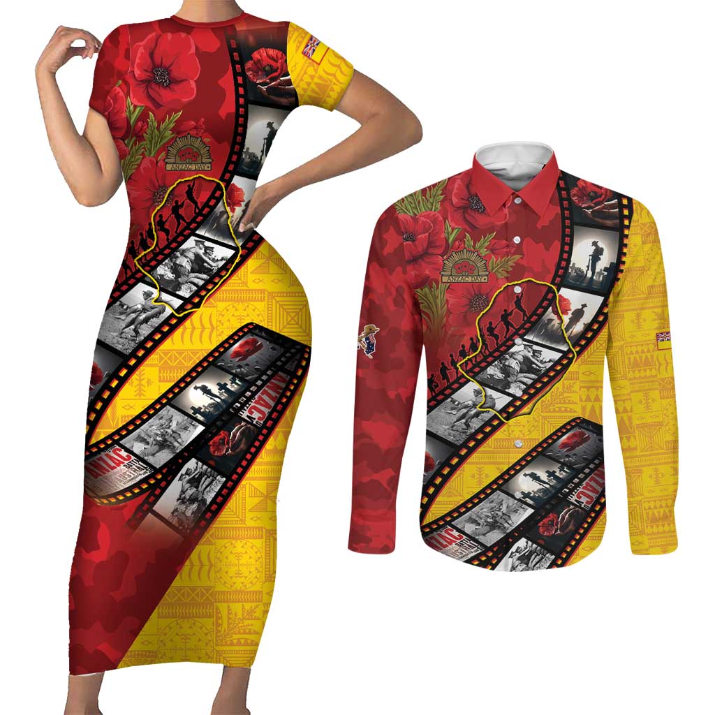 Personalised Niue ANZAC 1915-2026 Filmstrip Couples Matching Short Sleeve Bodycon Dress and Long Sleeve Button Shirt Lest We Forget 25 April LT9 Gold - Polynesian Pride