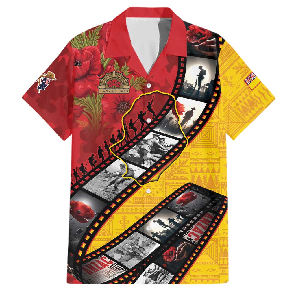 Personalised Niue ANZAC 1915-2026 Filmstrip Family Matching Off Shoulder Maxi Dress and Hawaiian Shirt Lest We Forget 25 April LT9 Dad's Shirt - Short Sleeve Gold - Polynesian Pride