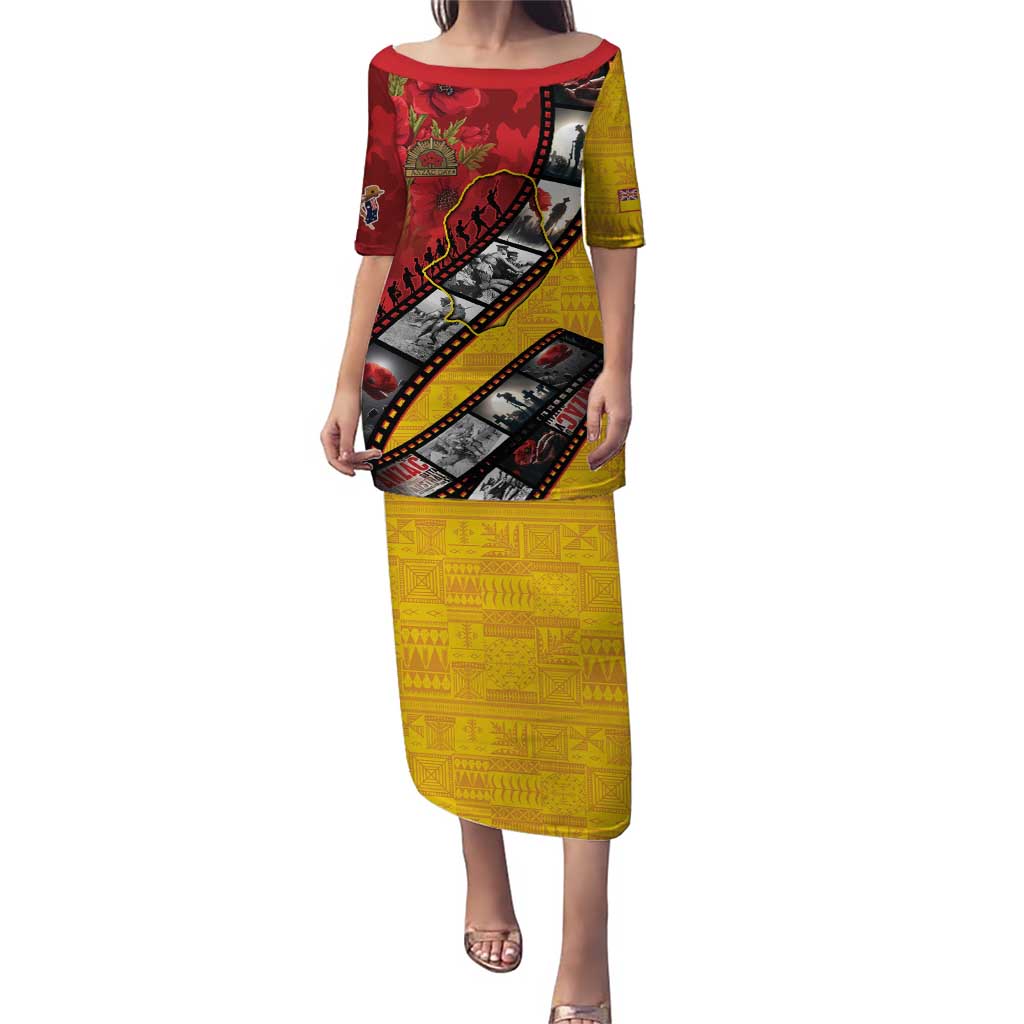 Personalised Niue ANZAC 1915-2026 Filmstrip Family Matching Puletasi and Hawaiian Shirt Lest We Forget 25 April LT9 Mom's Dress Gold - Polynesian Pride