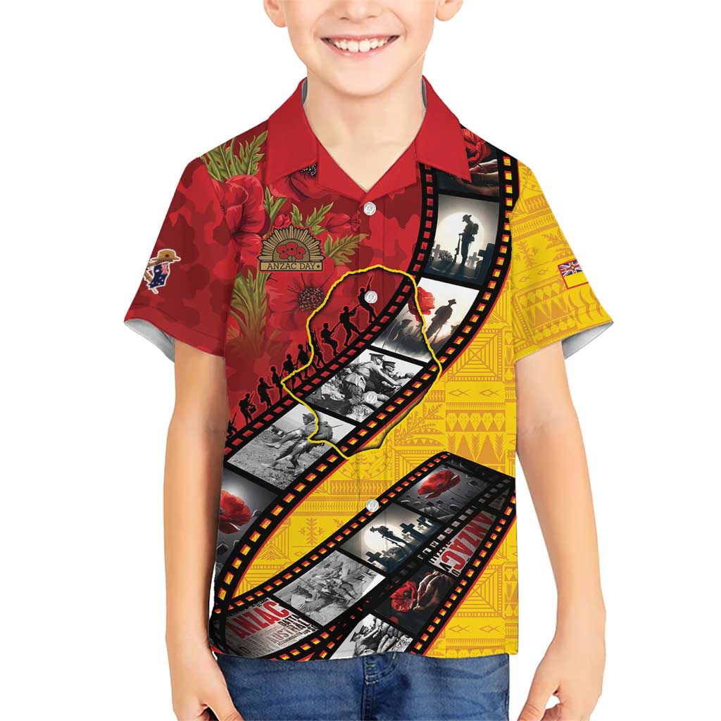Personalised Niue ANZAC 1915-2026 Filmstrip Family Matching Puletasi and Hawaiian Shirt Lest We Forget 25 April LT9 Son's Shirt Gold - Polynesian Pride