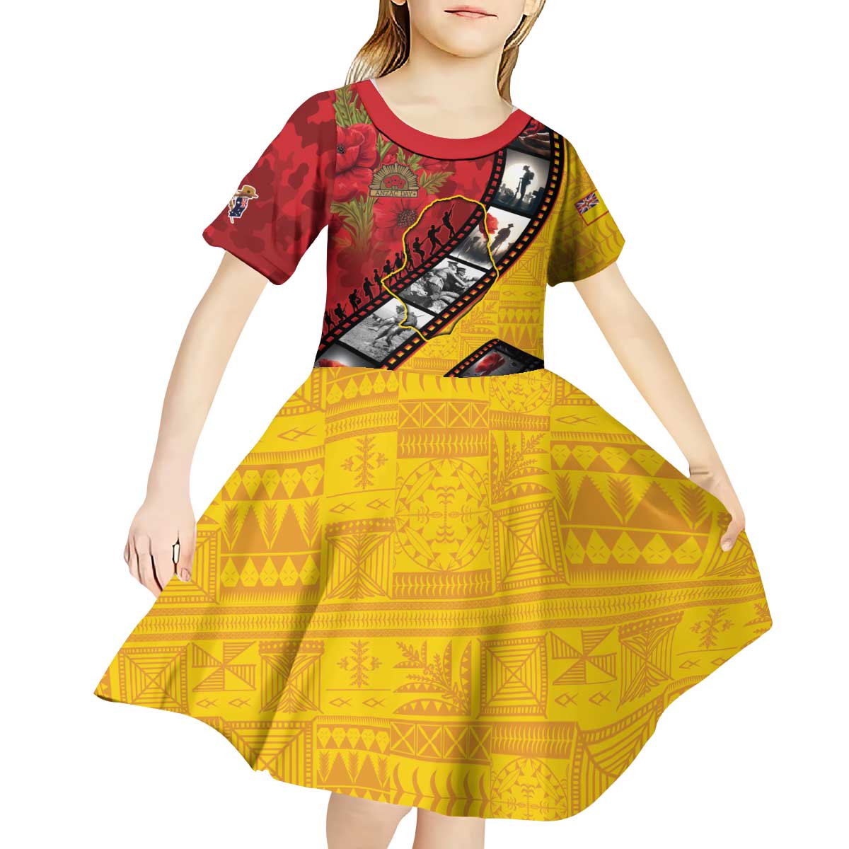 Personalised Niue ANZAC 1915-2026 Filmstrip Kid Short Sleeve Dress Lest We Forget 25 April LT9 - Polynesian Pride