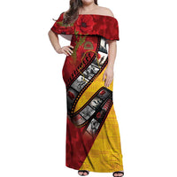 Personalised Niue ANZAC 1915-2026 Filmstrip Off Shoulder Maxi Dress Lest We Forget 25 April LT9 Women Gold - Polynesian Pride