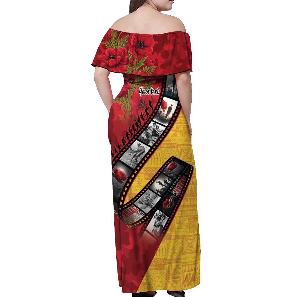 Personalised Niue ANZAC 1915-2026 Filmstrip Off Shoulder Maxi Dress Lest We Forget 25 April LT9 - Polynesian Pride