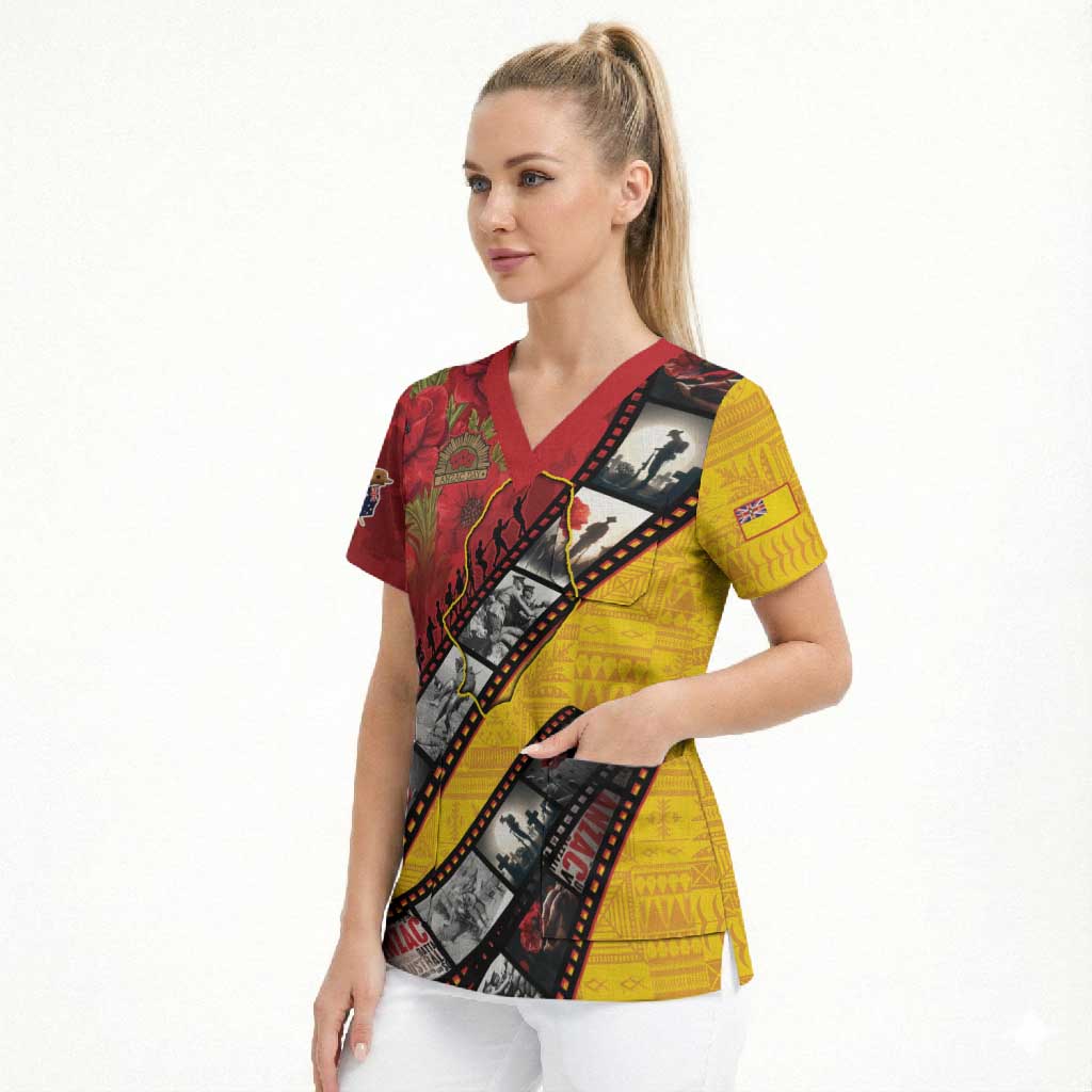 Personalised Niue ANZAC 1915-2026 Filmstrip Scrub Top Lest We Forget 25 April LT9 - Polynesian Pride