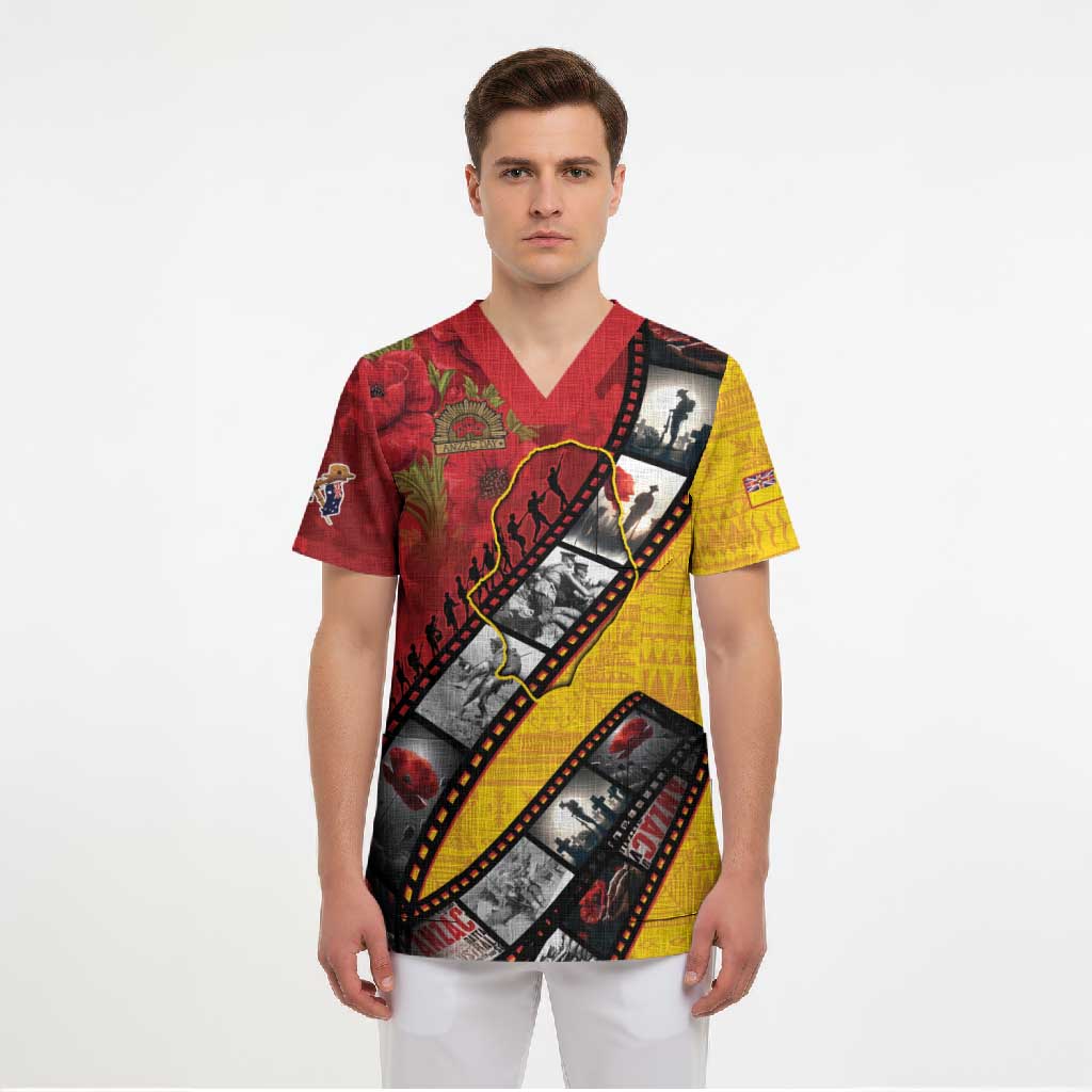 Personalised Niue ANZAC 1915-2026 Filmstrip Scrub Top Lest We Forget 25 April LT9 - Polynesian Pride