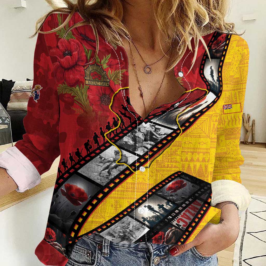 Personalised Niue ANZAC 1915-2026 Filmstrip Women Casual Shirt Lest We Forget 25 April LT9 Female Gold - Polynesian Pride