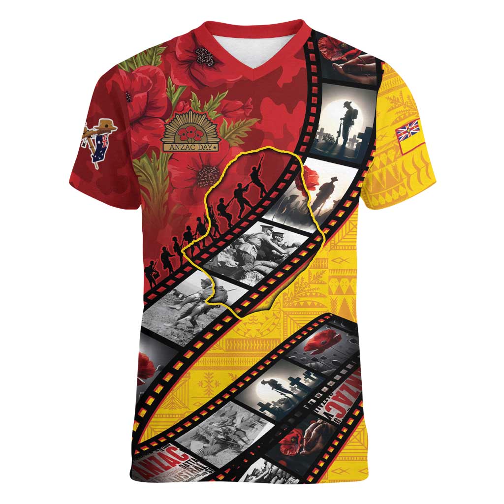 Personalised Niue ANZAC 1915-2026 Filmstrip Women V-Neck T-Shirt Lest We Forget 25 April LT9 Female Gold - Polynesian Pride