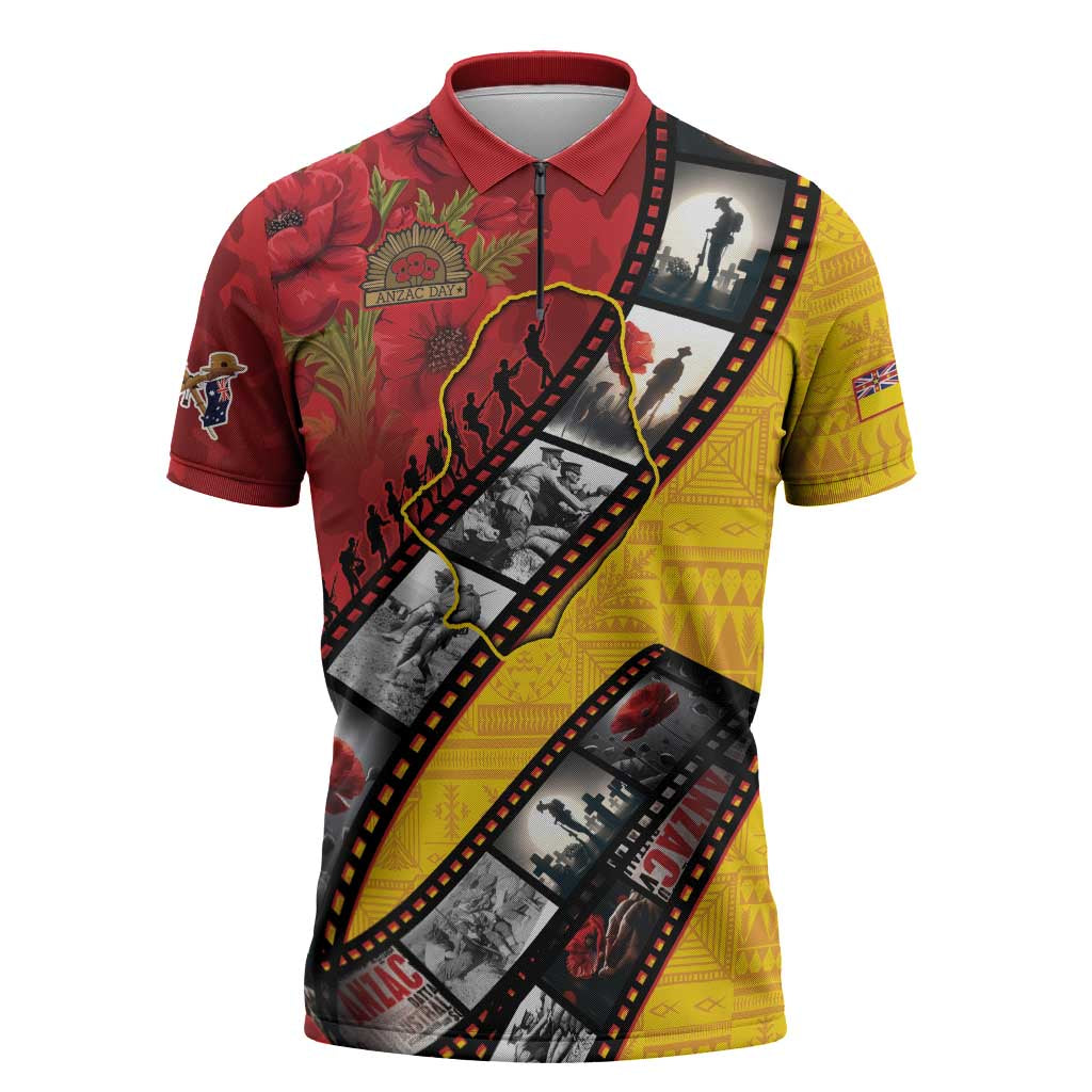 Personalised Niue ANZAC 1915-2026 Filmstrip Zipper Polo Shirt Lest We Forget 25 April LT9 Gold - Polynesian Pride