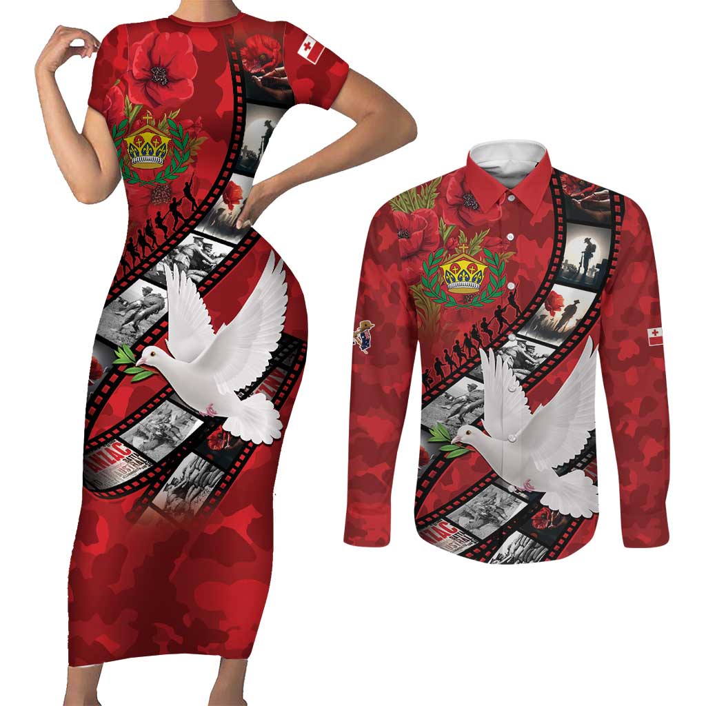 Personalised Tonga ANZAC 1915-2026 Filmstrip Couples Matching Short Sleeve Bodycon Dress and Long Sleeve Button Shirt Lest We Forget 25 April LT9 Red - Polynesian Pride