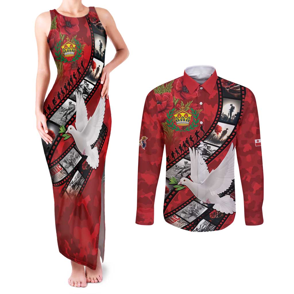 Personalised Tonga ANZAC 1915-2026 Filmstrip Couples Matching Tank Maxi Dress and Long Sleeve Button Shirt Lest We Forget 25 April LT9 Red - Polynesian Pride