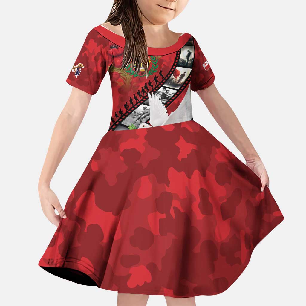 Personalised Tonga ANZAC 1915-2026 Filmstrip Family Matching Off The Shoulder Long Sleeve Dress and Hawaiian Shirt Lest We Forget 25 April LT9 Daughter's Dress Red - Polynesian Pride