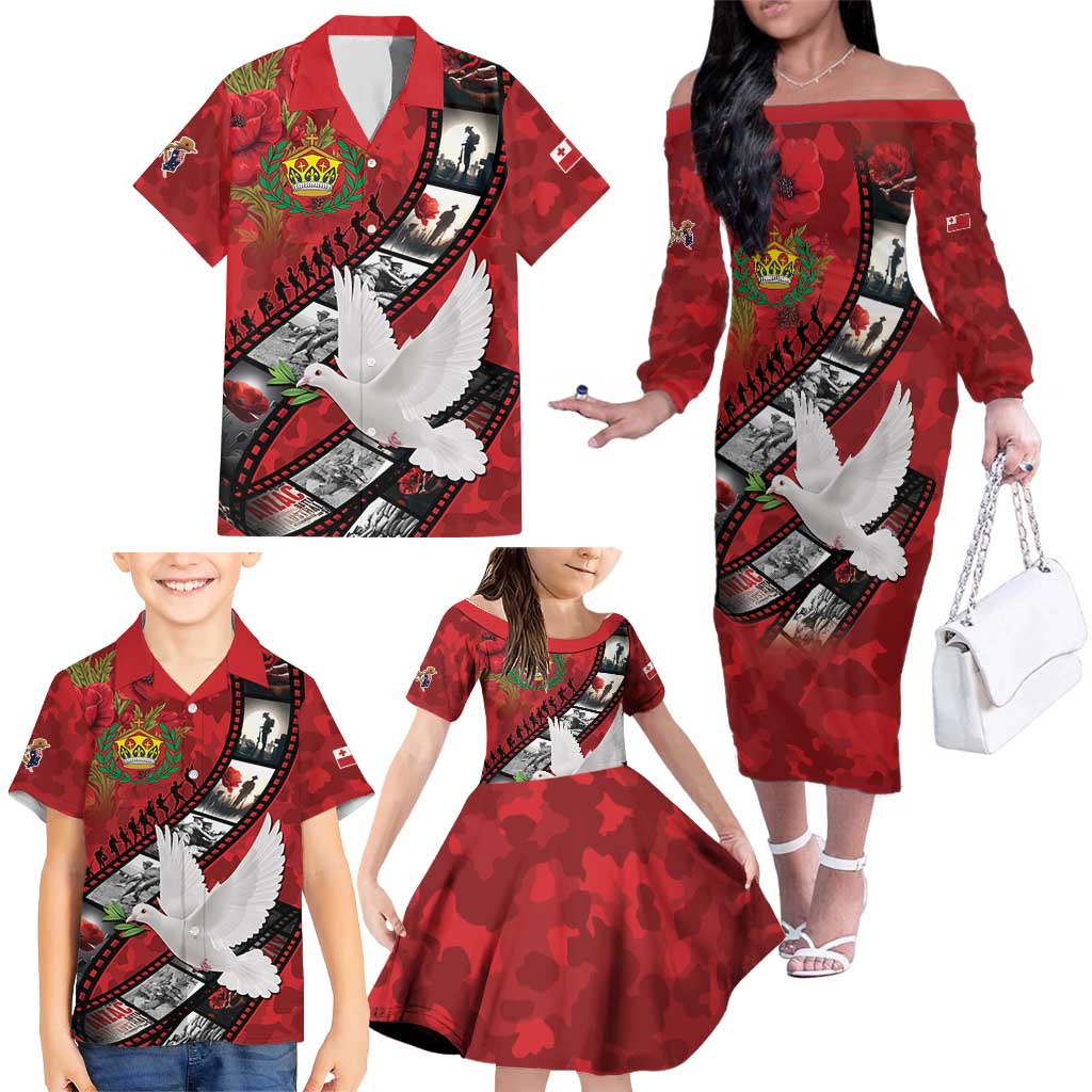 Personalised Tonga ANZAC 1915-2026 Filmstrip Family Matching Off The Shoulder Long Sleeve Dress and Hawaiian Shirt Lest We Forget 25 April LT9 - Polynesian Pride