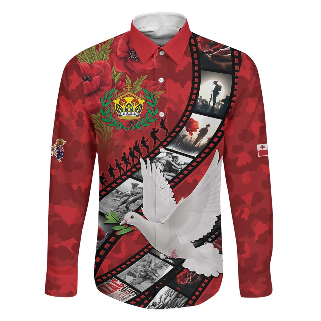 Personalised Tonga ANZAC 1915-2026 Filmstrip Family Matching Off The Shoulder Long Sleeve Dress and Hawaiian Shirt Lest We Forget 25 April LT9 Dad's Shirt - Long Sleeve Red - Polynesian Pride