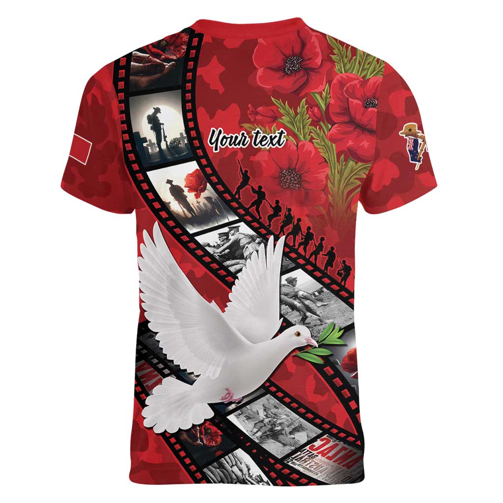 Personalised Tonga ANZAC 1915-2026 Filmstrip Women V-Neck T-Shirt Lest We Forget 25 April LT9 - Polynesian Pride