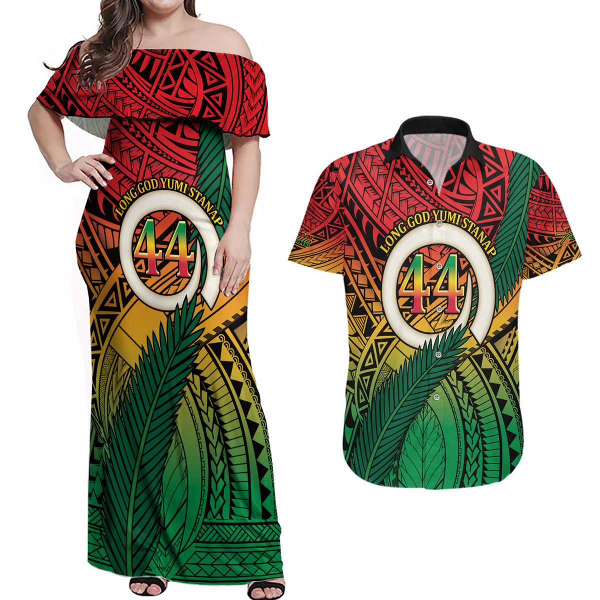 Personalised Vanuatu Yumi 44th Indipendens Dei Couples Matching Off Shoulder Maxi Dress and Hawaiian Shirt Vanuatuan Broad Tusk with Polynesian Tribal LT9 Reggae - Polynesian Pride