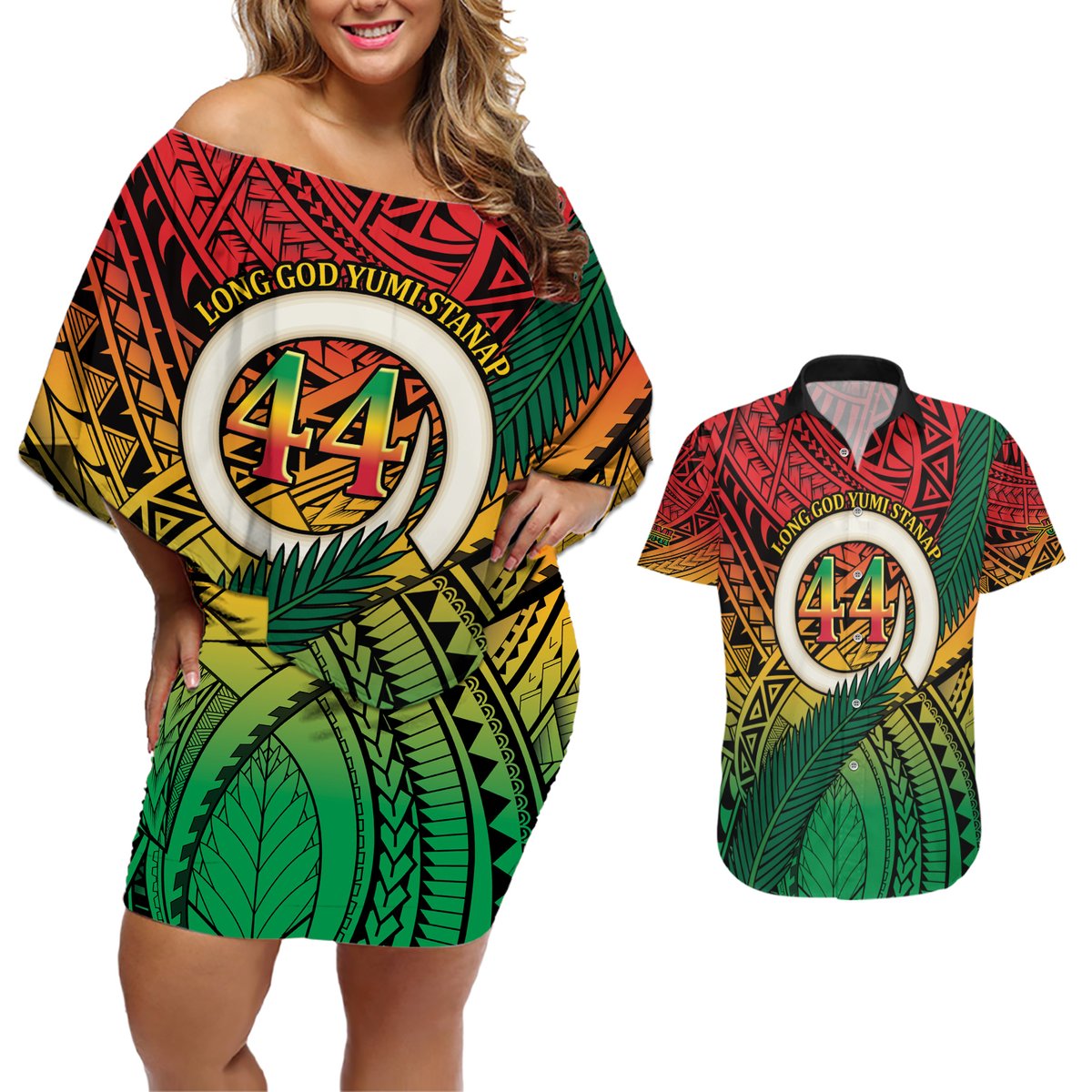 Personalised Vanuatu Yumi 44th Indipendens Dei Couples Matching Off Shoulder Short Dress and Hawaiian Shirt Vanuatuan Broad Tusk with Polynesian Tribal LT9 Reggae - Polynesian Pride
