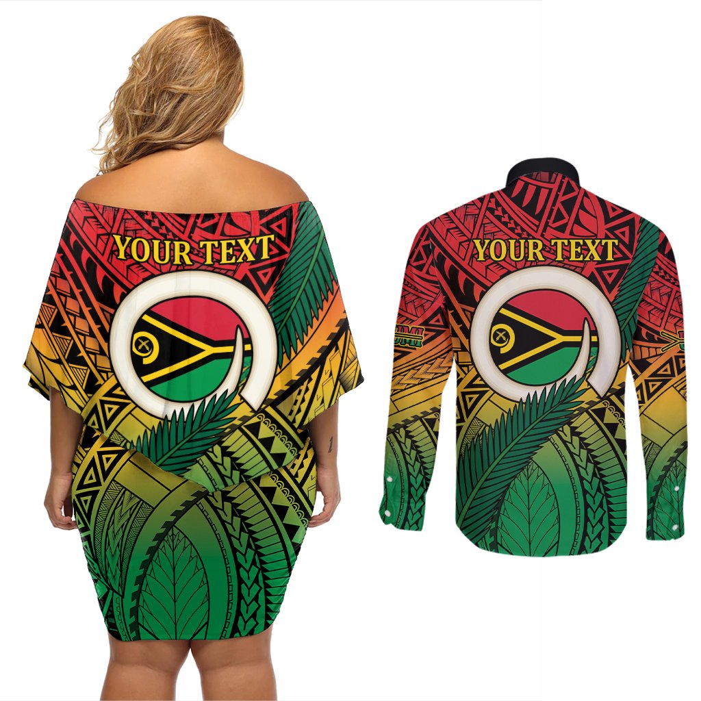 Personalised Vanuatu Yumi 44th Indipendens Dei Couples Matching Off Shoulder Short Dress and Long Sleeve Button Shirt Vanuatuan Broad Tusk with Polynesian Tribal LT9 - Polynesian Pride