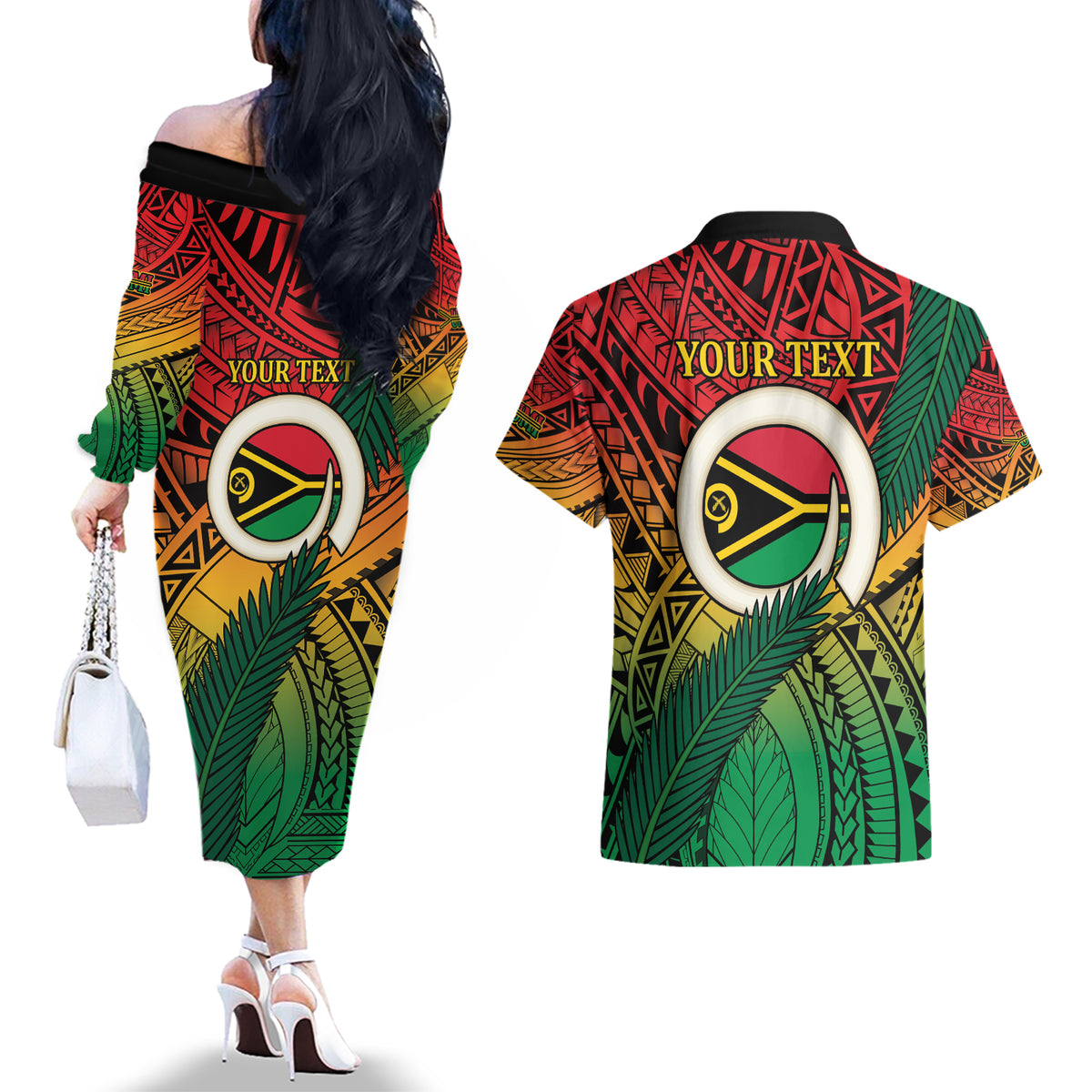 Personalised Vanuatu Yumi 44th Indipendens Dei Couples Matching Off The Shoulder Long Sleeve Dress and Hawaiian Shirt Vanuatuan Broad Tusk with Polynesian Tribal LT9 - Polynesian Pride