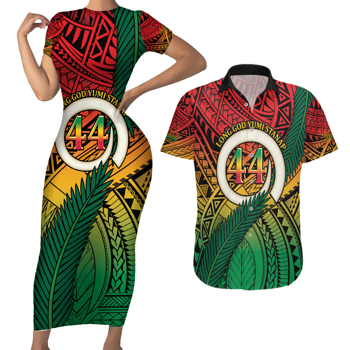 Personalised Vanuatu Yumi 44th Indipendens Dei Couples Matching Short Sleeve Bodycon Dress and Hawaiian Shirt Vanuatuan Broad Tusk with Polynesian Tribal LT9 Reggae - Polynesian Pride