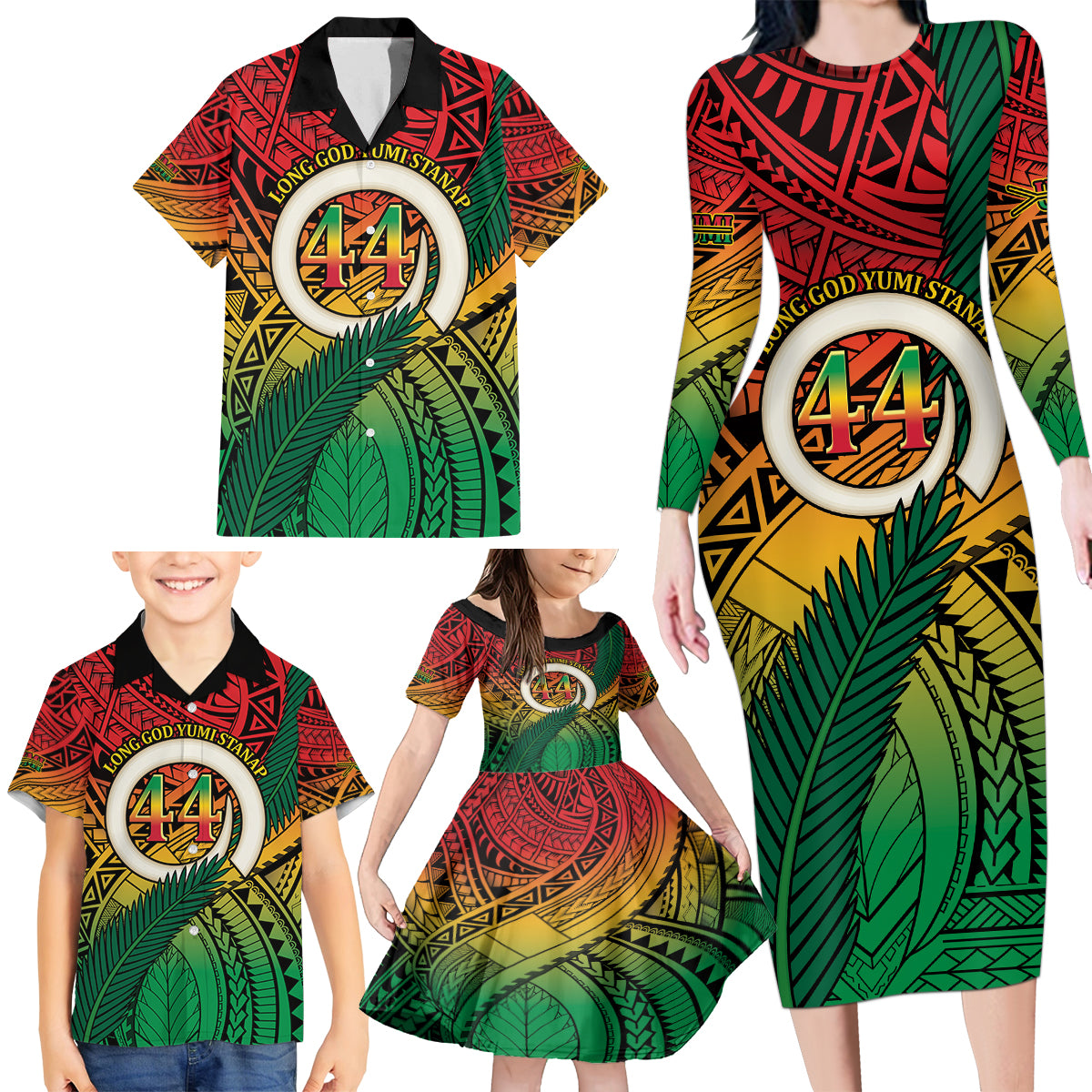 Personalised Vanuatu Yumi 44th Indipendens Dei Family Matching Long Sleeve Bodycon Dress and Hawaiian Shirt Vanuatuan Broad Tusk with Polynesian Tribal LT9 - Polynesian Pride