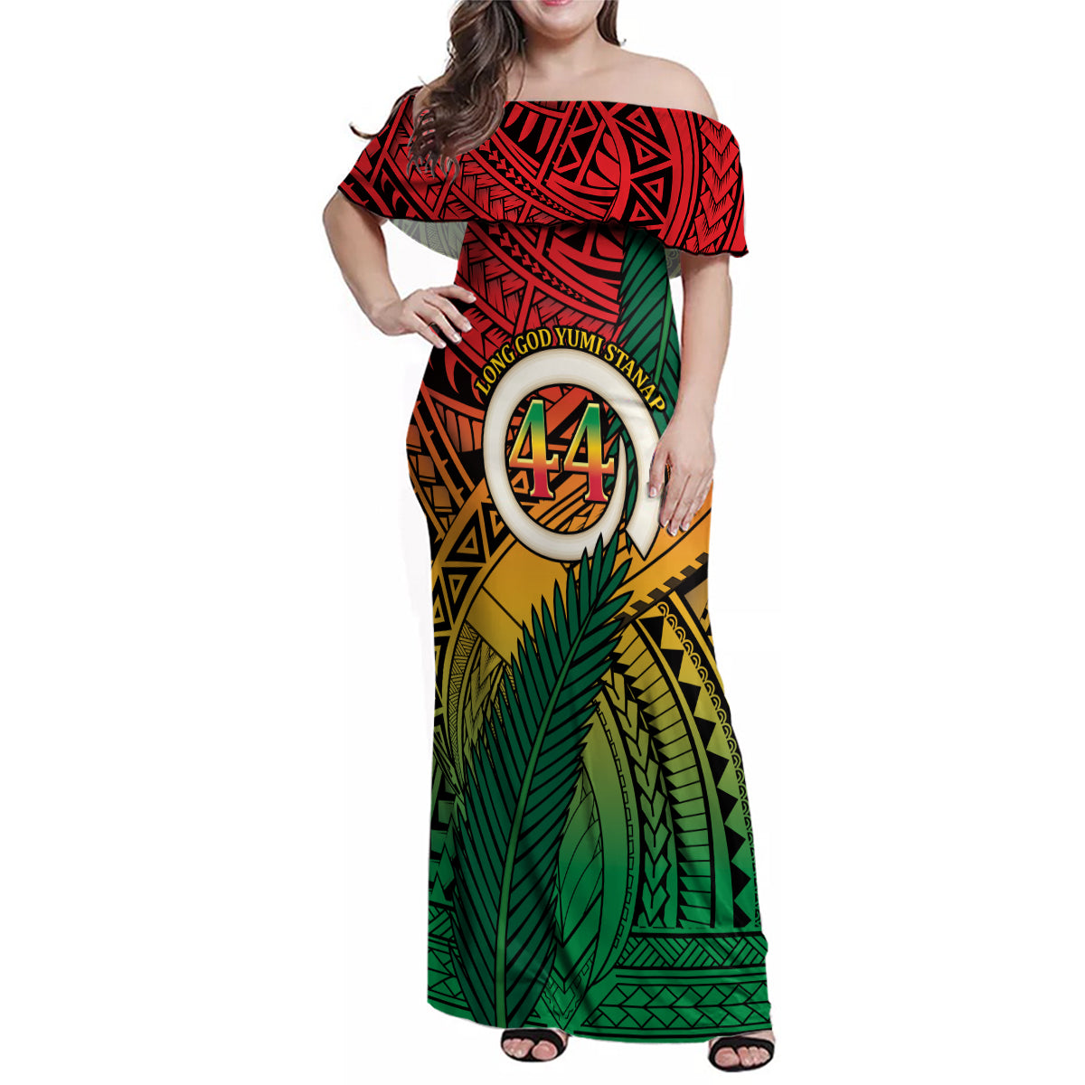 Personalised Vanuatu Yumi 44th Indipendens Dei Family Matching Off Shoulder Maxi Dress and Hawaiian Shirt Vanuatuan Broad Tusk with Polynesian Tribal LT9 Mom's Dress Reggae - Polynesian Pride